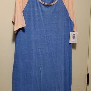 LuLaRoe Julia Dress Denim Blue body w/peach cap sleeves